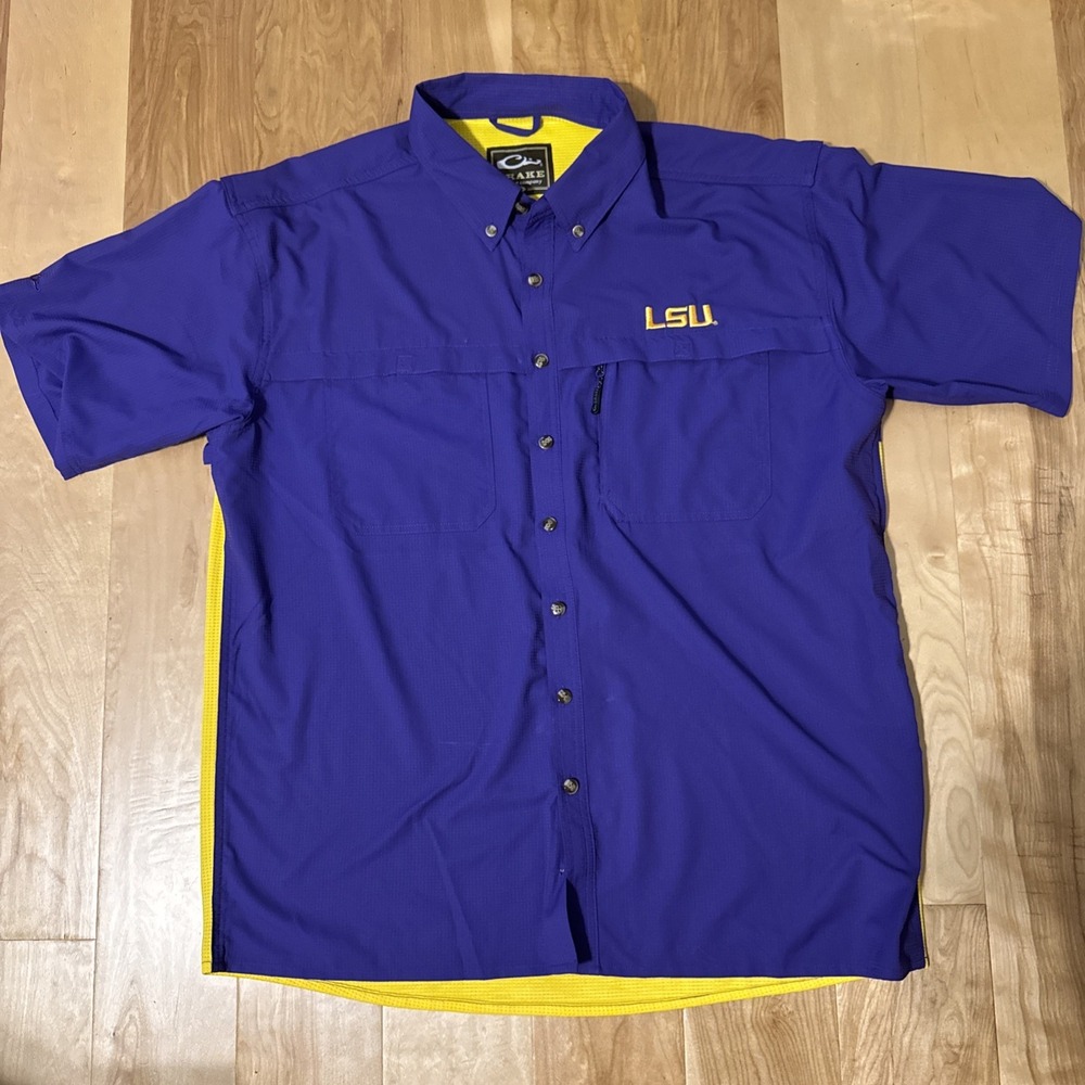 Drake LSU Tigers Vented Fishing Shirt Men's Large Purple Yellow Performance